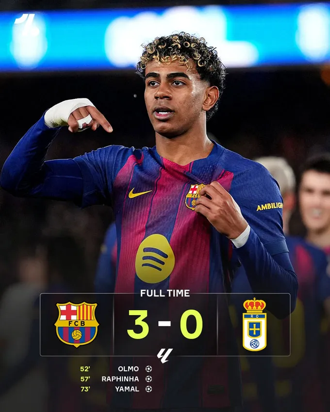 Yamal góp công lớn giúp Barca thắng đậm Oviedo