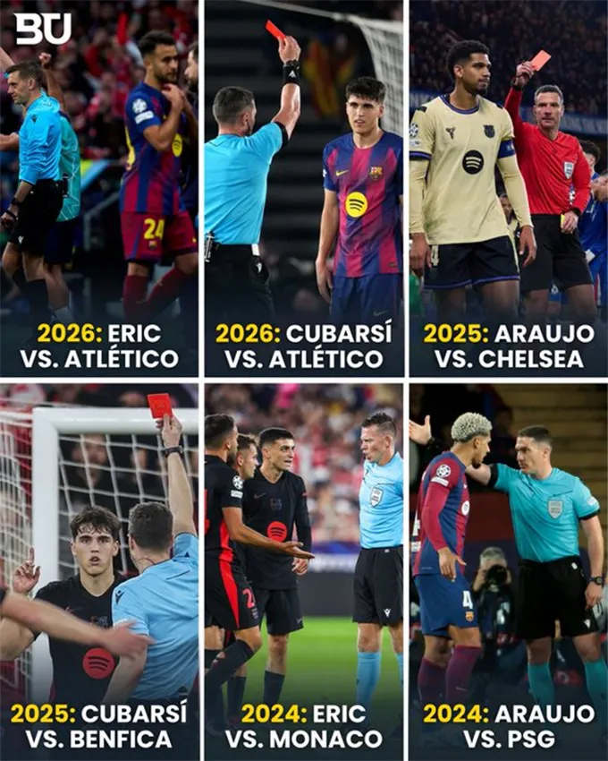 Những chiếc thẻ đỏ là nguyên nhân chính khiến Barca bị loại sớm tại Champions League những mùa gần đây